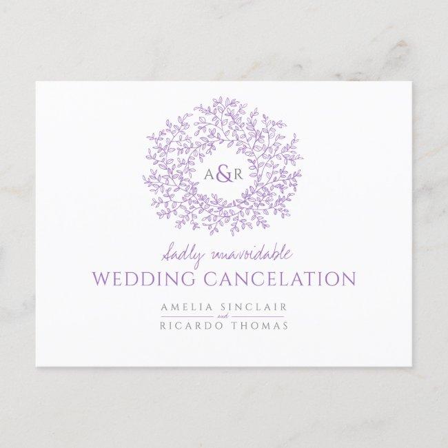 Purple Drawn Leaf Monogram Wedding Cancelation Announcement Post