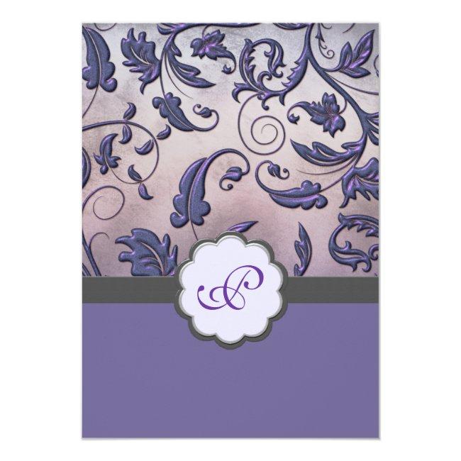 Purple Floral Monogram Wedding Invite Full Border