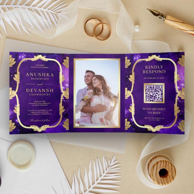 Purple Galaxy Gold Lotus Qr Code Indian Wedding Tri-fold