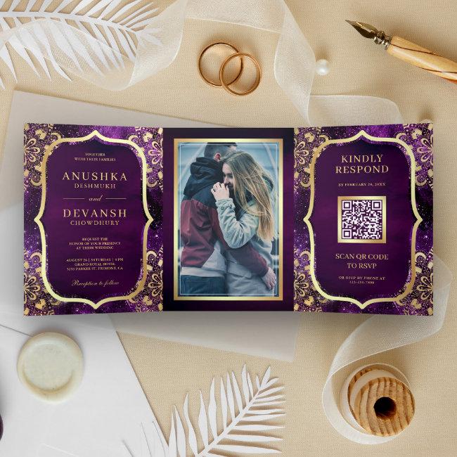 Purple Galaxy Gold Mandala Qr Code Indian Wedding Tri-fold