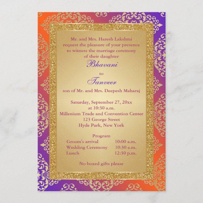Purple, Orange, Gold Faux Glitter Wedding Invite