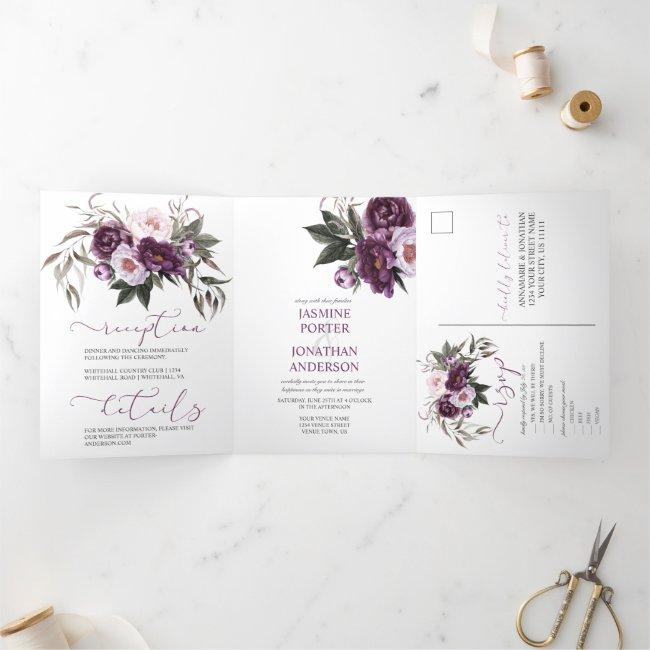 Purple Plum Pink Watercolor Peonies Wedding | Tri-fold