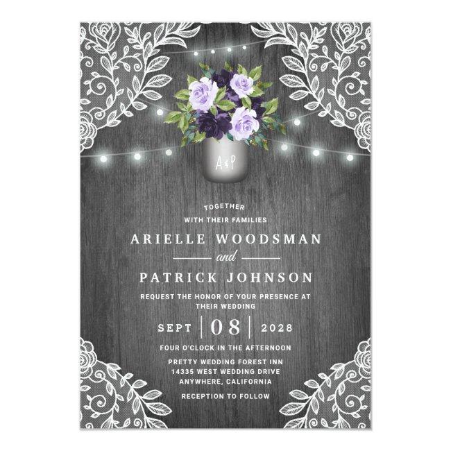 Purple Silver Gray Floral Rustic Mason Jar Wedding
