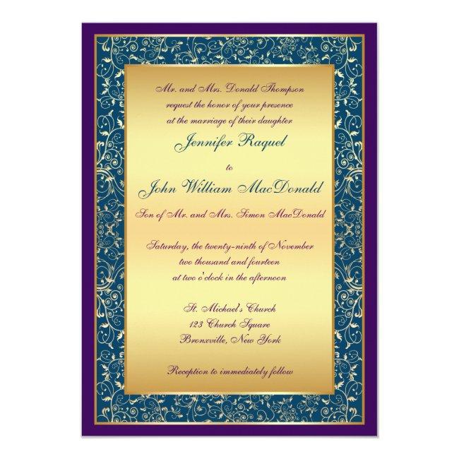Purple Teal Gold Ornate Scrolls Wedding Invite