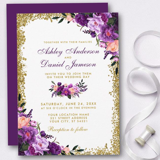 Purple Ultra Violet Floral Gold Glitter Wedding
