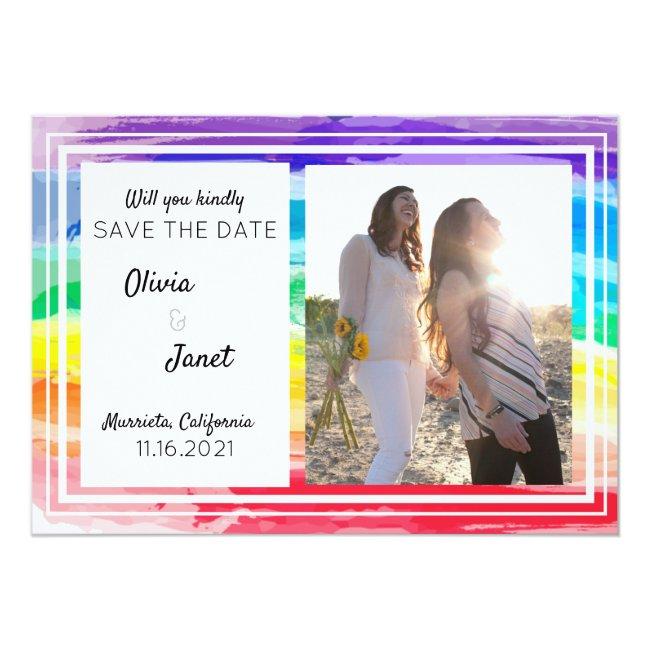 Rainbow Watercolors Wedding Save The Date Photo
