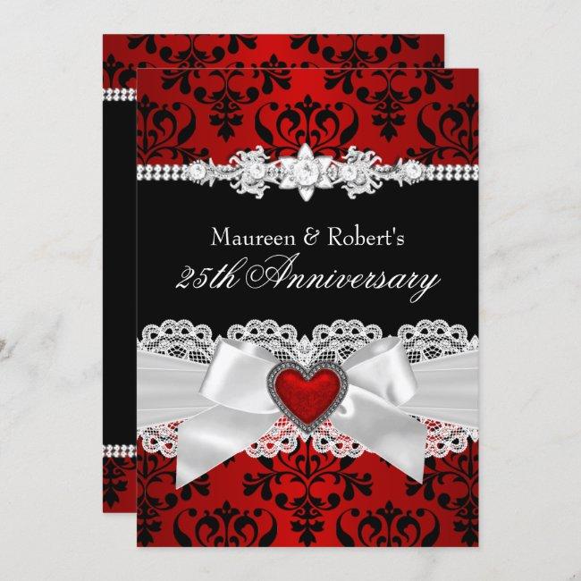 Red Black Damask Heart Bow 25th Anniversary