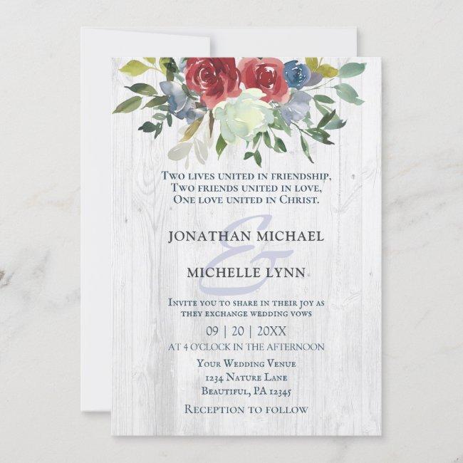 Red Blue Cream Floral White Wood Christian Wedding