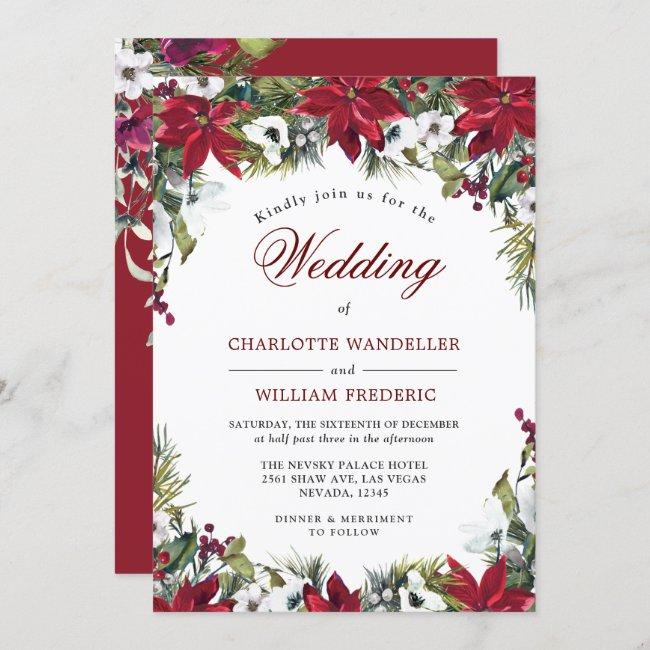 Red Poinsettia Floral Christmas Watercolor Wedding