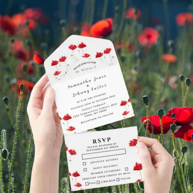 Red Poppies Watercolor Script Elegant Wedding All In One