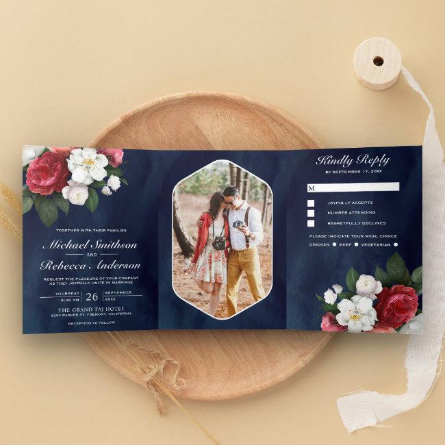 Red Roses And White Magnolia Navy Blue Wedding Tri-fold