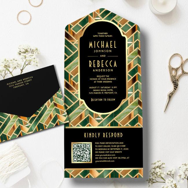 Retro Green Gold Marble Art Deco Qr Code Wedding All In One