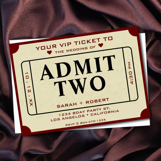 Retro Theater Movie Ticket Stub Admit Two Wedding