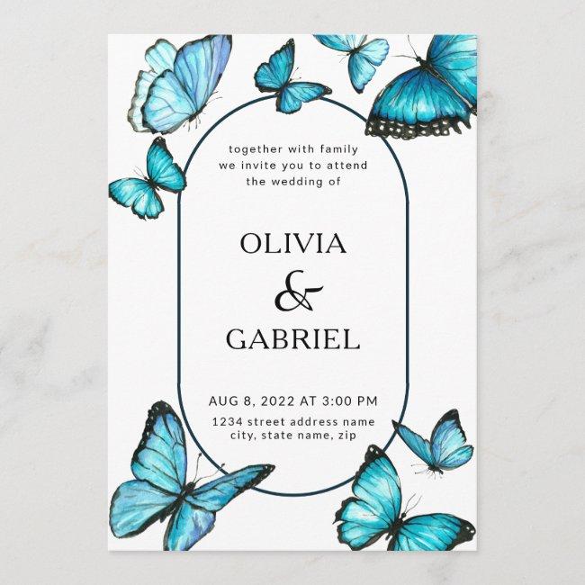 Romantic Blue Watercolor Butterflies. Airy Wedding