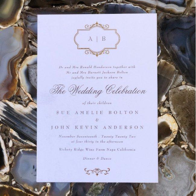 Romantic Classic Real Gold Framed Monogram Wedding Foil