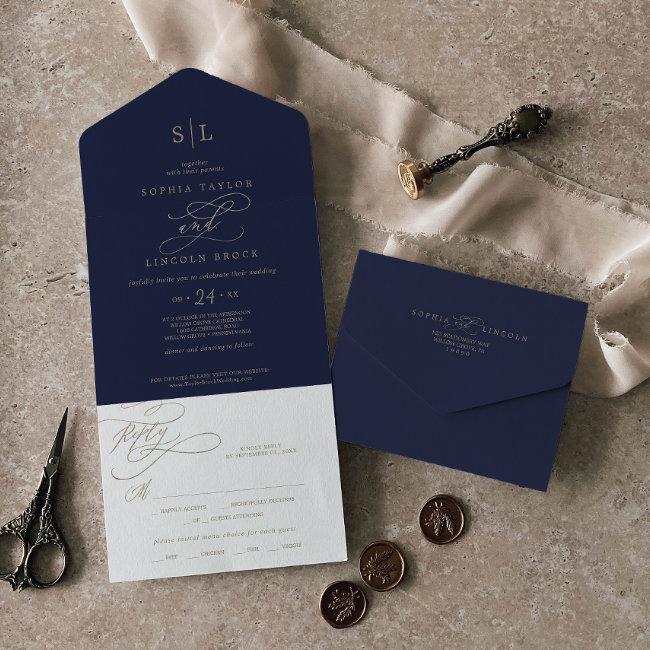 Romantic Gold Calligraphy | Navy Monogram Wedding All In One