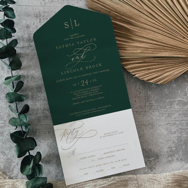 Romantic Green Calligraphy Monogram Wedding All In All In One