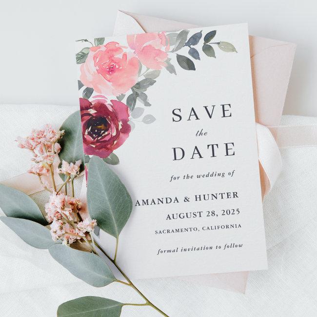 Romantic Pink And Burgundy Floral Save The Date