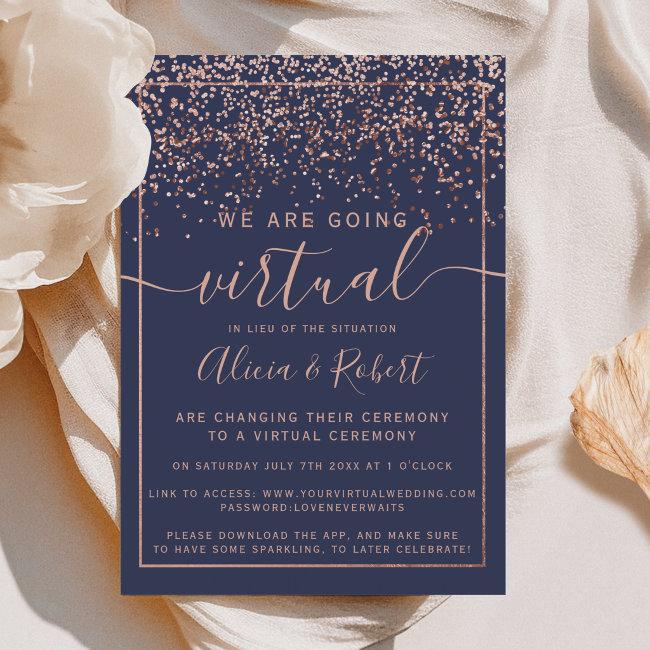 Rose Gold Confetti Chic Navy Blue Virtual Wedding
