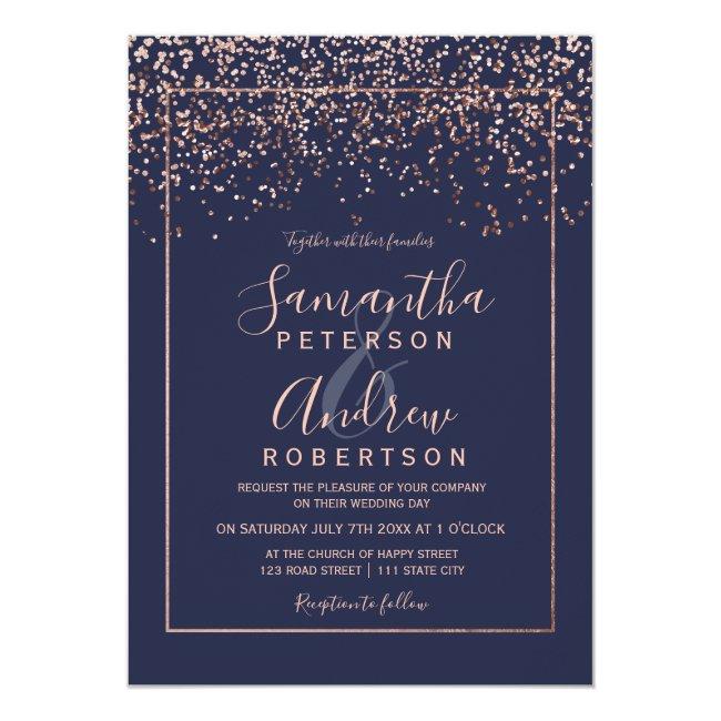 Rose Gold Confetti Navy Blue Typography Wedding