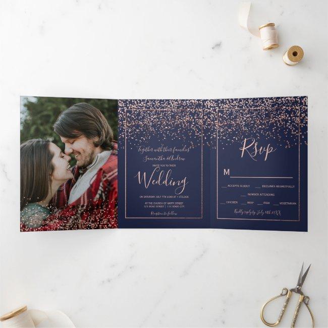 Rose Gold Confetti Navy Blue Typography Wedding Tri-fold