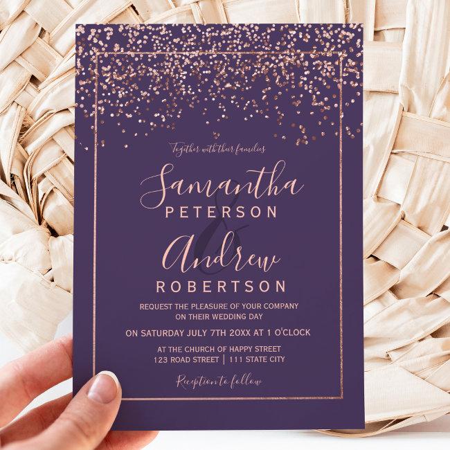 Rose Gold Confetti Purple Typography Wedding