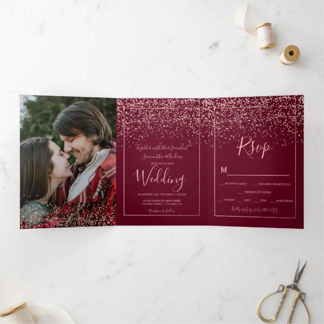 Rose Gold Confetti Red Burgundy Typography Wedding Tri-fold