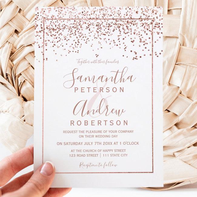 Rose Gold Confetti White Typography Wedding
