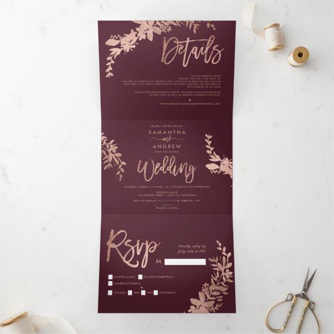 Rose Gold Floral Burgundy Elegant Script Wedding Tri-fold