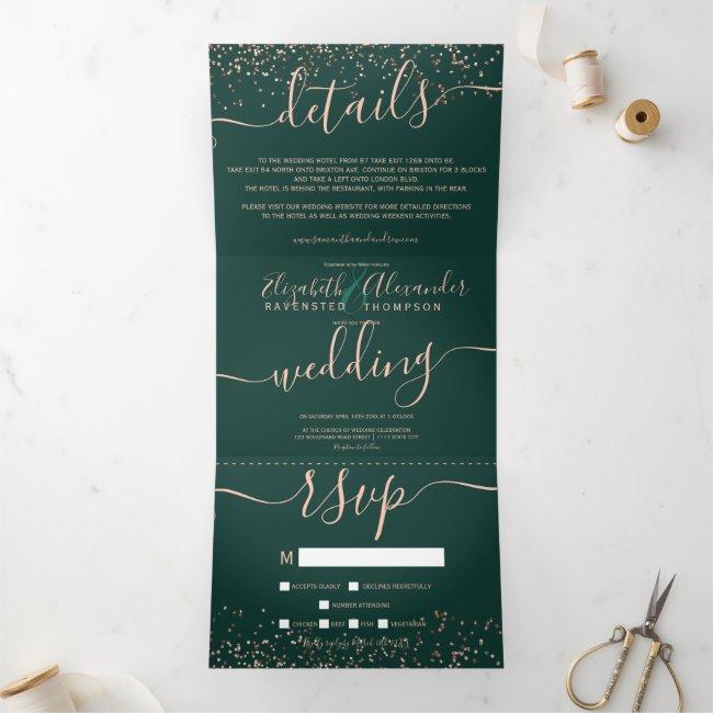 Rose Gold Glitter Confetti Emerald Green Wedding Tri-fold