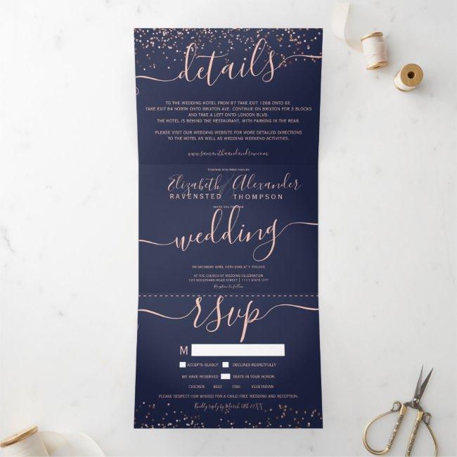 Rose Gold Glitter Confetti Navy Blue Seats Wedding Tri-fold