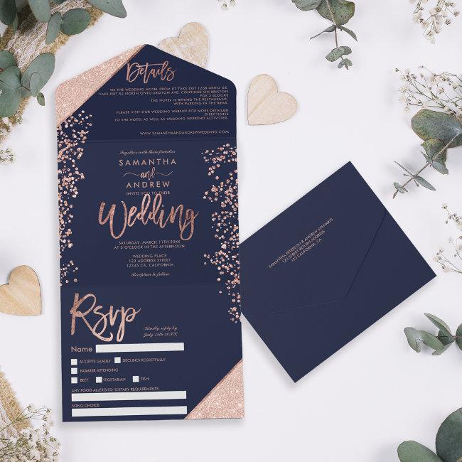 Rose Gold Glitter Confetti Navy Blue Wedding All In One