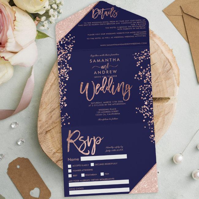 Rose Gold Glitter Confetti Navy Chic Wedding All In One