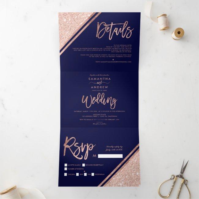 Rose Gold Glitter Script Border Navy Blue Wedding Tri-fold