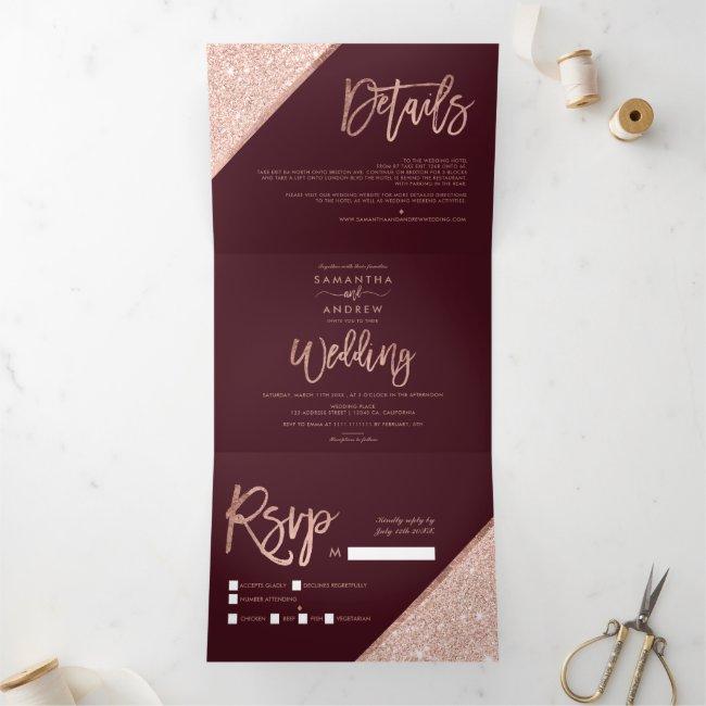 Rose Gold Glitter Typography Burgundy Wedding Tri-fold