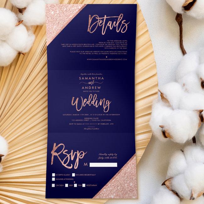 Rose Gold Glitter Typography Navy Blue Wedding Tri-fold
