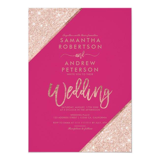 Rose Gold Glitter Typography Pink Wedding
