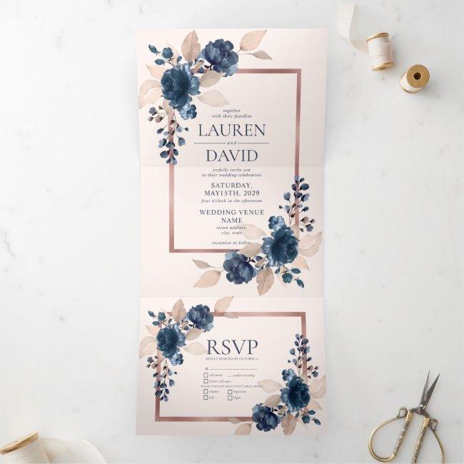 Rose Gold Navy Blue Dusty Pink Floral Wedding Tri-fold