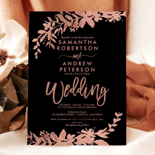 Rose Gold Typography Floral Black Chic Wedding