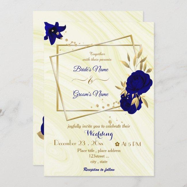 Royal Blue Flowers Gold Geometric Wedding