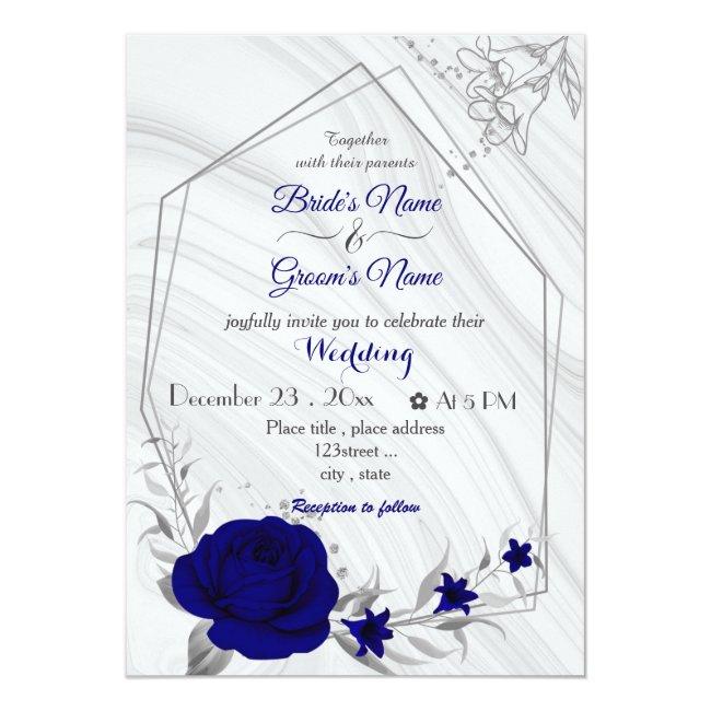 Royal Blue Flowers Silver Geometric Wedding Invita