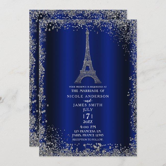 Royal Blue Silver Glitter Eiffel Tower Wedding