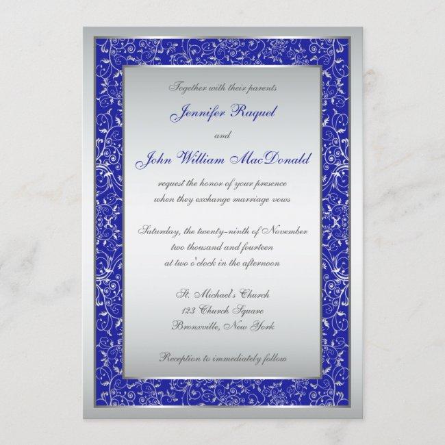 Royal Blue, Silver Ornate Scrolls Wedding Invite