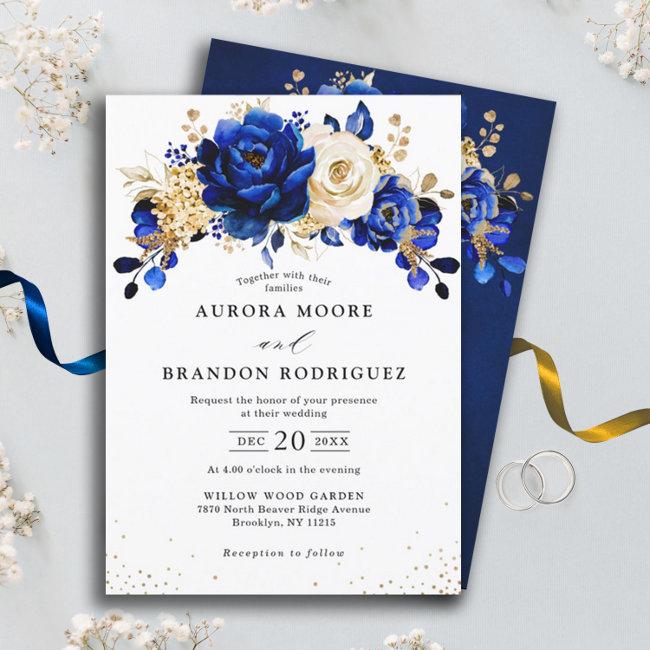 Royal Blue White Gold Metallic Floral Wedding Invi