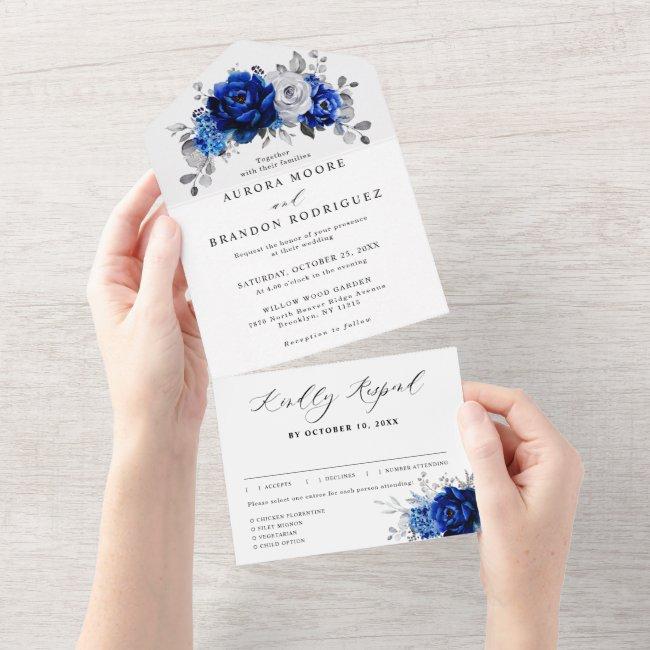 Royal Blue White Silver Metallic Floral Wedding All In One