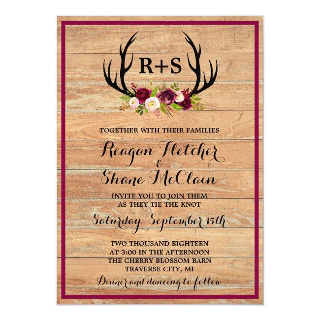 Rustic Antlers Floral Burgundy Wood Wedding