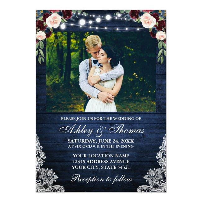 Rustic Blue Wedding Floral Wood Lights Lace Photo