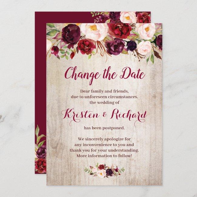 Rustic Burgundy Red Floral Change The Date