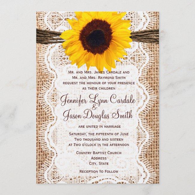 Rustic Burlap Lace Twine Sunflower Wedding Invites
