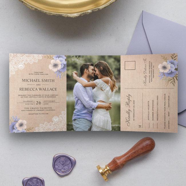 Rustic Country Burlap Lace Purple Floral Wedding Tri-fold